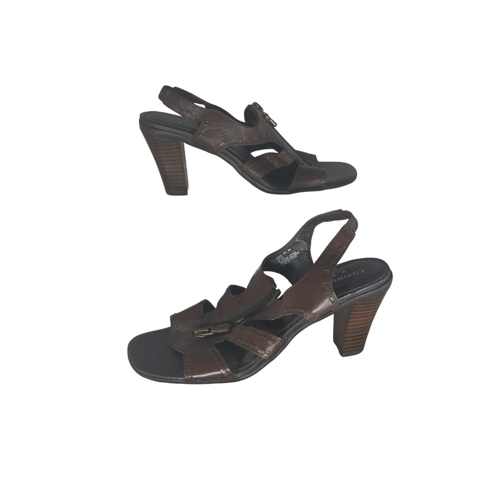 Covington‎ Lotti Brown Leather Heeled Sandals Zip Front Slingback Square Toe 8M